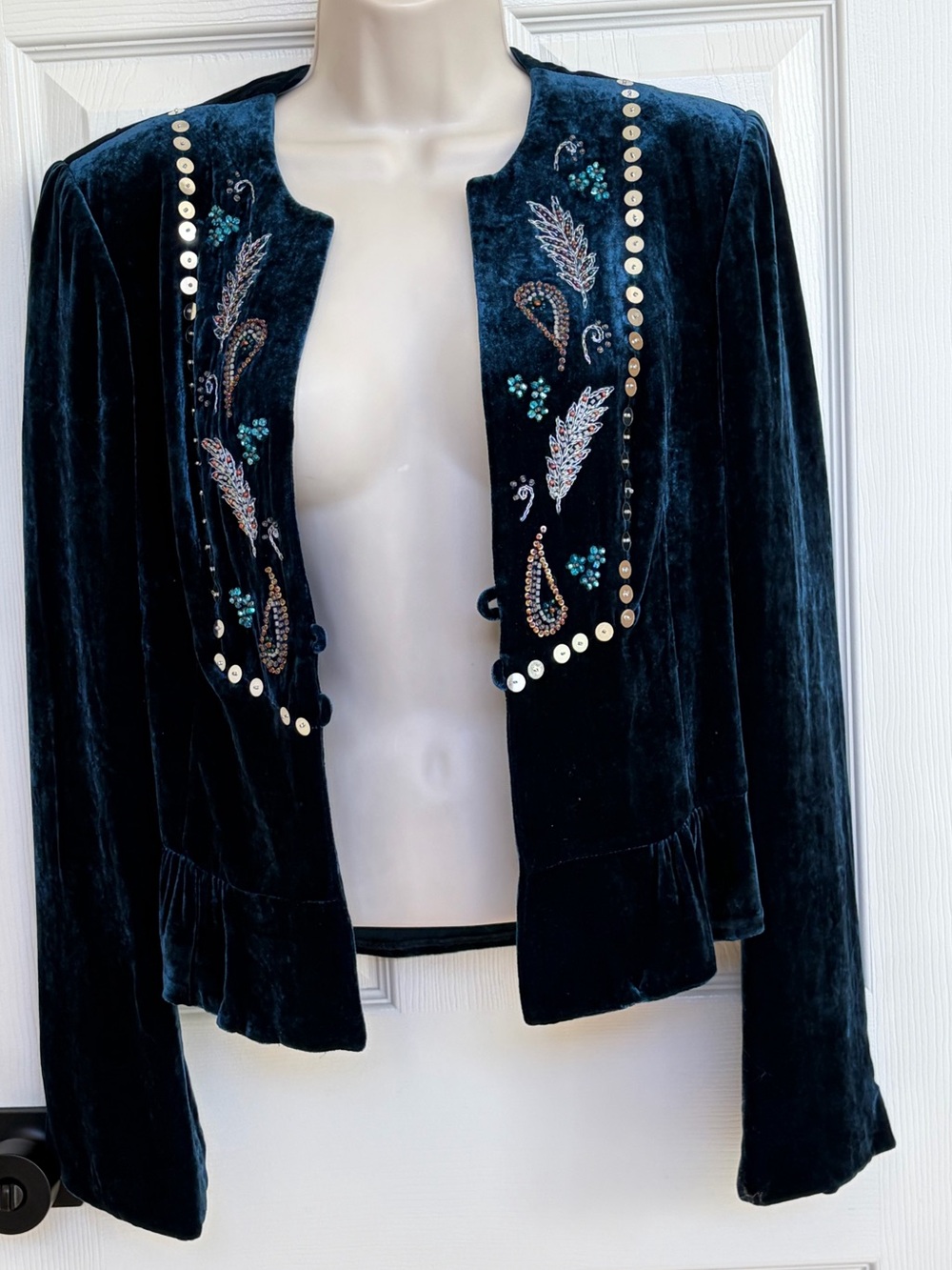 Nanette Lepore Beaded Sequin Jewel Tone Velvet Blazer Jacket Size 8 Dark Teal